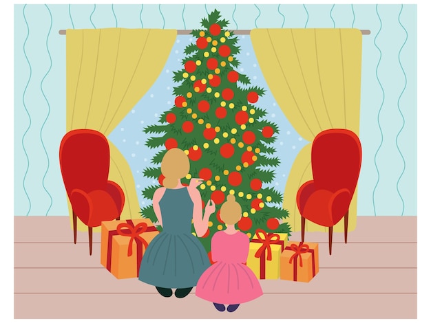 Madre e hijo decorando el árbol de navidad juntos interior de la sala de estar de navidad con árbol de navidad y cajas de regalo