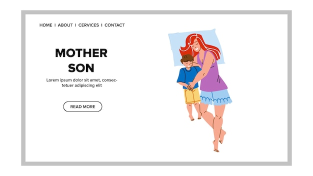 Madre e hijo durmiendo en la cama juntos Vector Madre e hijo Familia dormir en el dormitorio por la noche Felicidad Personajes Recreación y soñar Unión Web Ilustración de dibujos animados plana