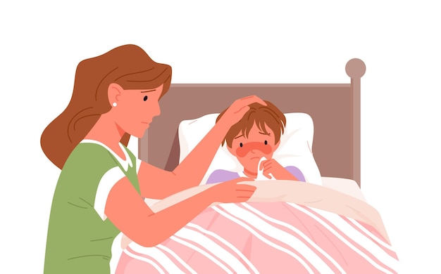 Madre e hijo enfermo con fiebre de gripe fría ilustración vectorial enferma niño febril de dibujos animados acostado en la cama