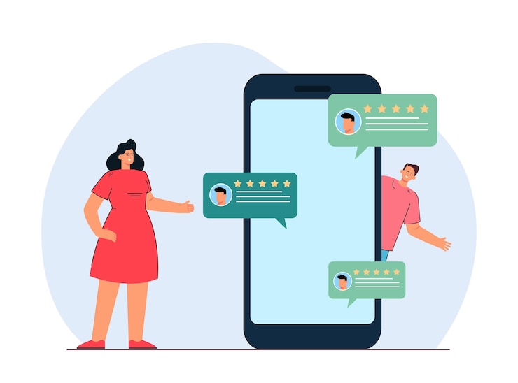 Vector madre e hijo con un enorme smartphone que muestra comentarios positivos. comentarios con ilustración de vector plano de calificación de cinco estrellas. satisfacción del cliente, concepto de tecnología para banner o página web de inicio