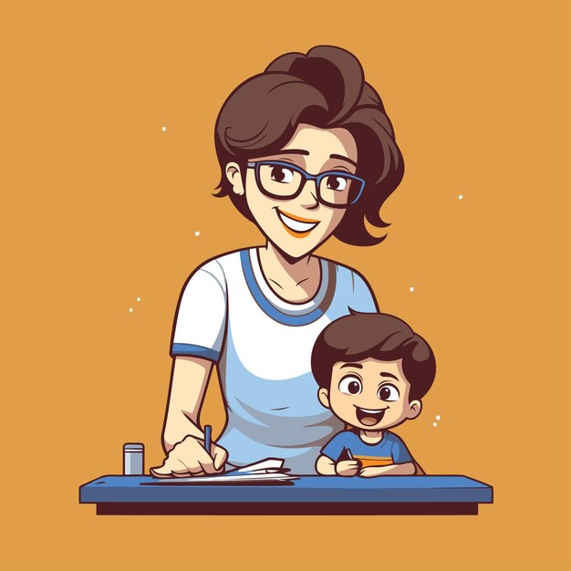 Madre e hijo haciendo la tarea juntos Ilustración vectorial al estilo de dibujos animados