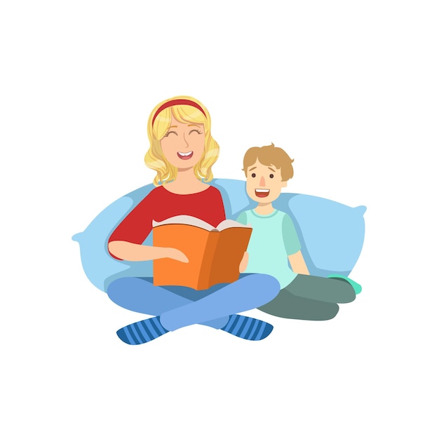 madre e hijo leyendo un libro juntos ilustración