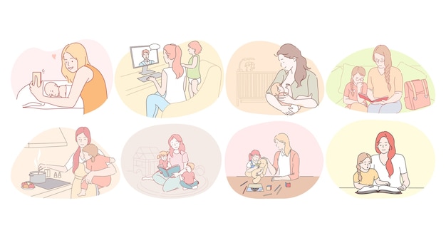 Madre e hijo, maternidad, actividades en el hogar con concepto de niños. Mujeres jóvenes madres alimentando
