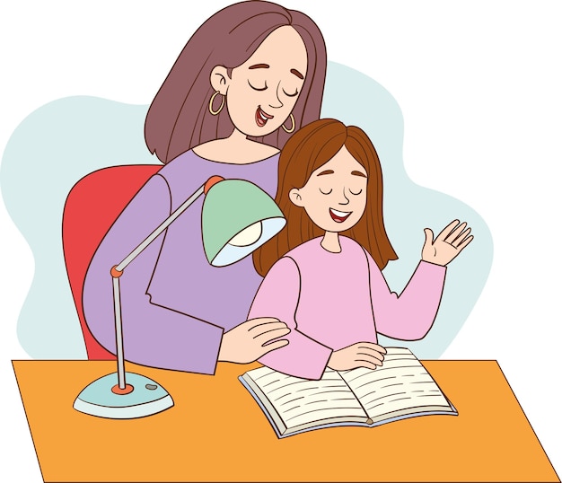Madre e hijo sentados en la mesa en casa leyendo un libro juntos