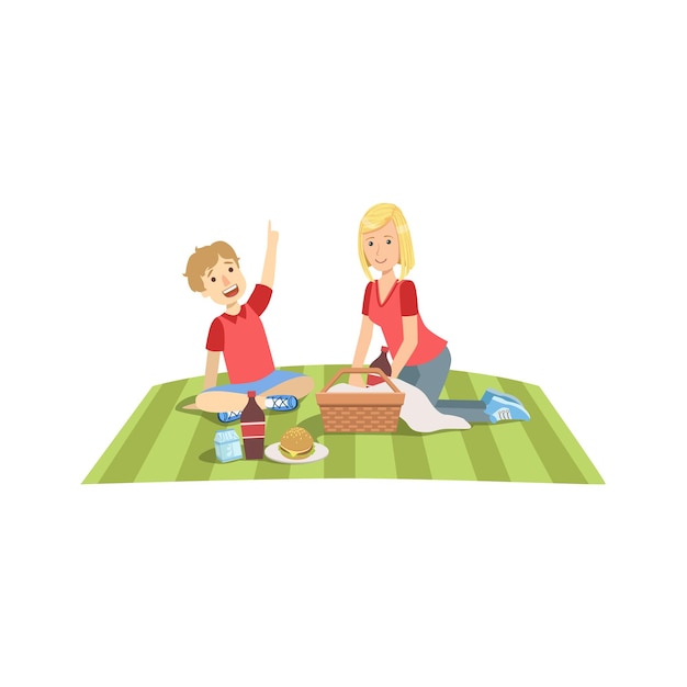 Vector madre e hijo, tener comida campestre, almuerzo, juntos, ilustración