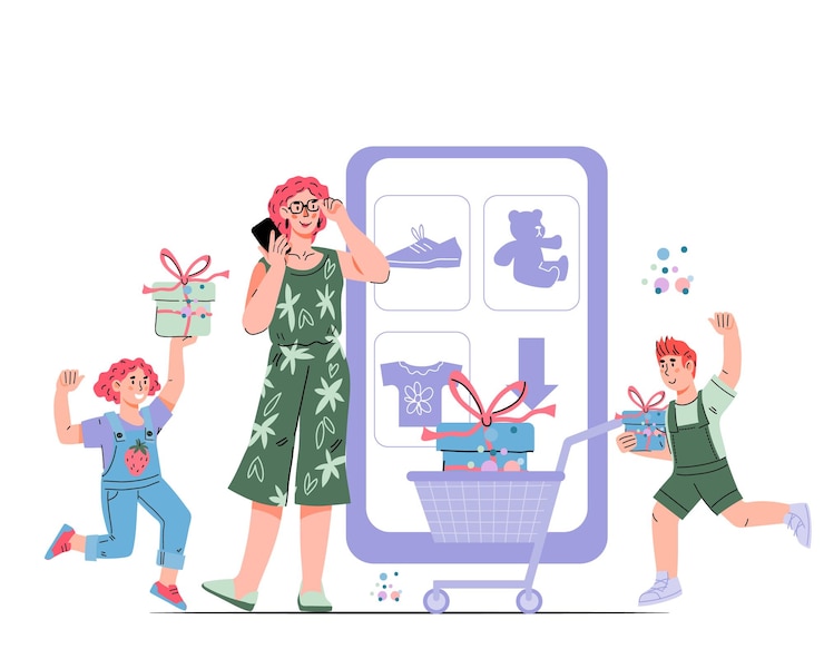 Vector madre e hijos comprando en línea la familia compra productos en la tienda en línea venta de productos para niños vector