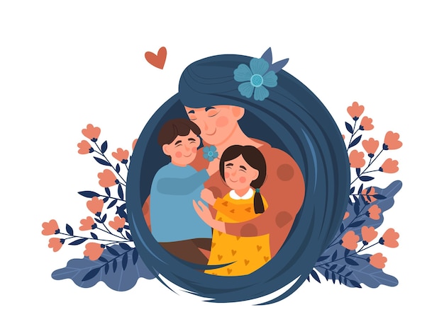 Madre e hijos concepto madre con cabello largo abraza a su hija e hijo día internacional de la madre feliz.