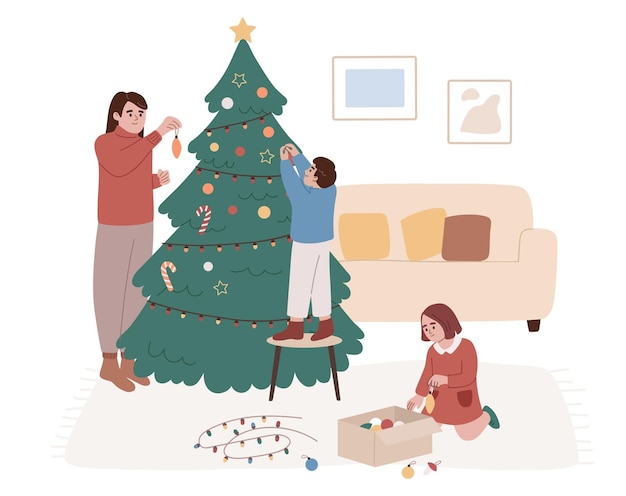 Madre e hijos decorando el árbol de Navidad Nochebuena Celebración de Año Nuevo Mujer niño y niña