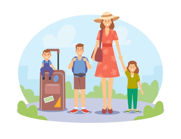 Vector madre e hijos viajando juntos. familia feliz en vacaciones de verano. mamá con niños viajan, personajes con equipaje y visitas a países extranjeros en vacaciones. ilustración de vector de gente de dibujos animados