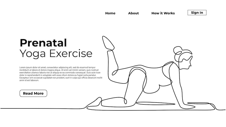 Vector madre embarazada haciendo yoga dibujo de una línea continua plantilla de página de destino de ilustración de arte de boceto