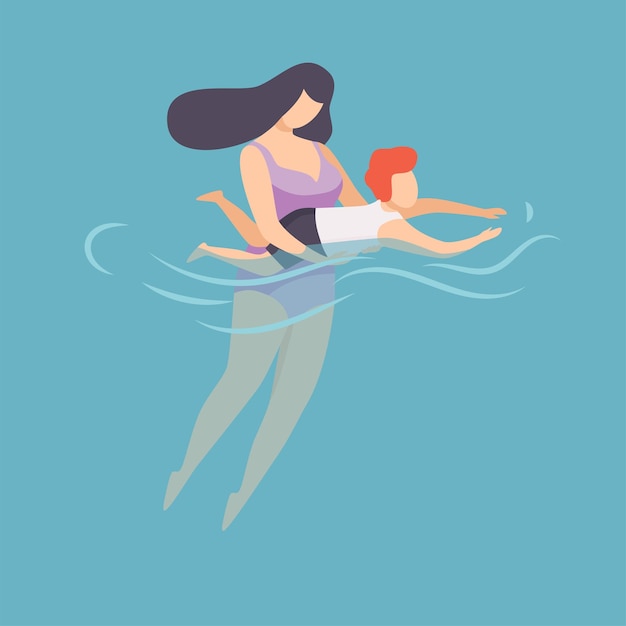 Vector madre enseñando a nadar a su hijo pequeño mamá y hijo felices relajándose en el mar océano o piscina en vacaciones de verano ilustración vectorial estilo plano