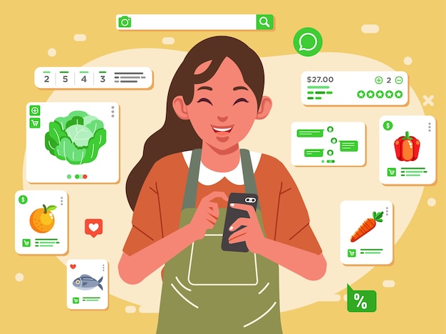 La madre está comprando comestibles en línea desde la tienda en línea con su teléfono, frutas, verduras, pescado y otra ilustración a domicilio. utilizado para imágenes web, carteles y otros