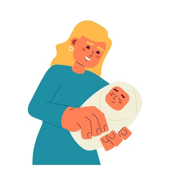 Madre europea sosteniendo bebé caracteres vectoriales de color semi plano maternidad nuevo padre con bebé envuelto mitad del cuerpo editable personas en blanco ilustración de lugar de dibujos animados simple para diseño gráfico web