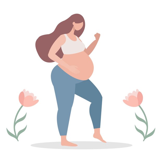 La madre expectante encuentra bienestar y fuerza a través del yoga prenatal y el ejercicio. Ilustración plana
