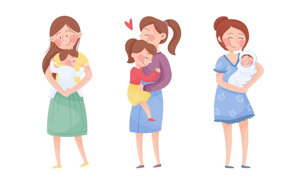 Madre feliz abrazando tiernamente a su bebé Conjunto de vectores