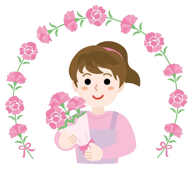 Madre con flores y ramo de clavel rosa para la ilustración vectorial del Día de la Madre