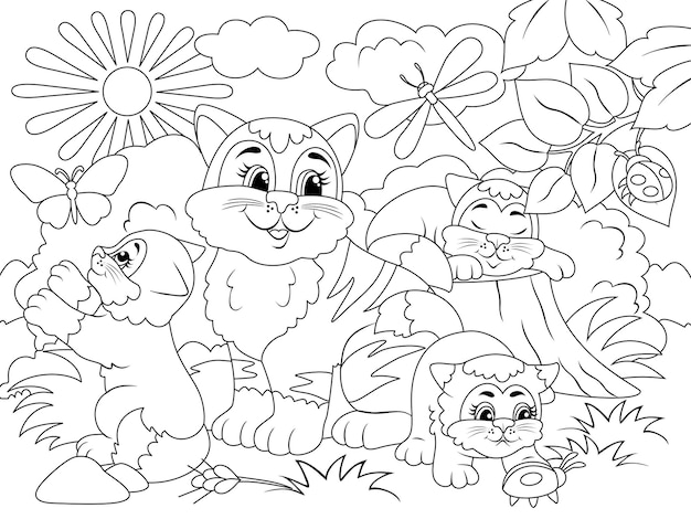 Madre gata y gatitos juegan naturaleza en el fondo vector ilustración niños libro para colorear