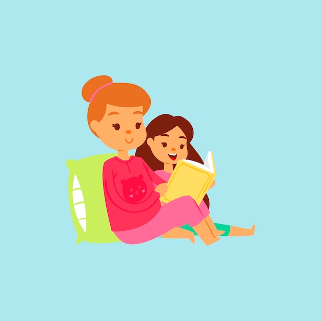 Madre hermana mayor en traje de noche rosa leyendo a su hija cuento antes de dormir en la cama. dibujos animados. Tiempo feliz familiar leyendo libros