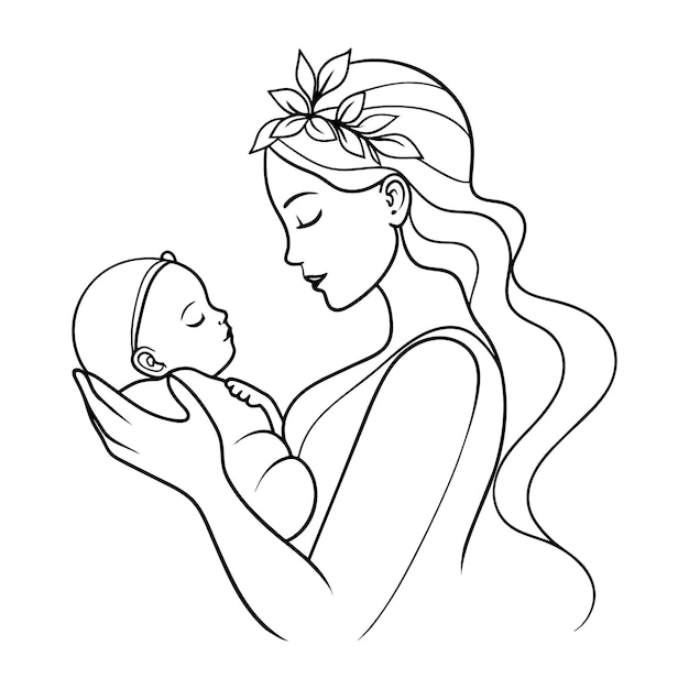 Madre hermosa con bebé recién nacido dibujo de arte de línea continua