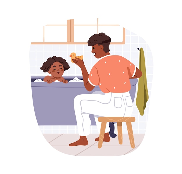 Madre y hija afroamericanas felices en el baño Madre jugando con una niña Niño tomando bañera Mujer negra que se preocupa por el niño en la bañera Ilustración vectorial plana aislada sobre fondo blanco