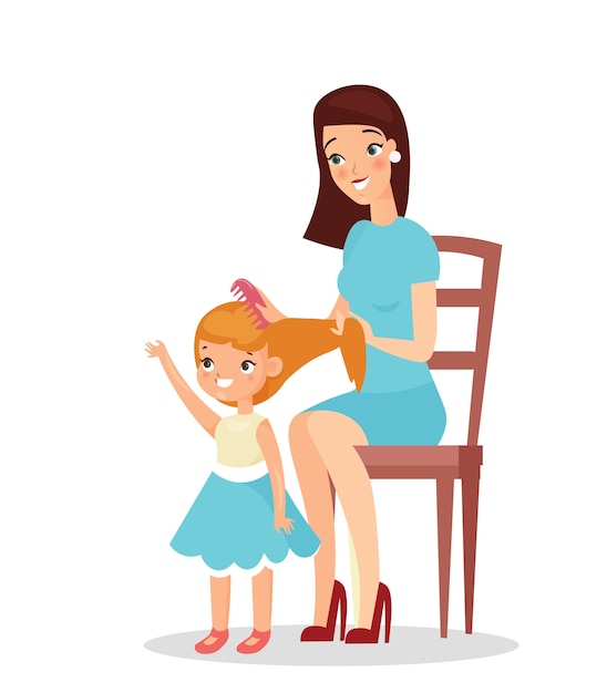 madre con hija aislada sobre fondo blanco. Mamá sosteniendo a su hija y juega con ella, cepillándose el cabello, feliz madre e hijo. Estilo de dibujos animados plana.