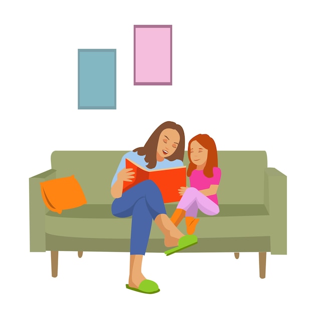 Vector madre, hija, lectura, libro