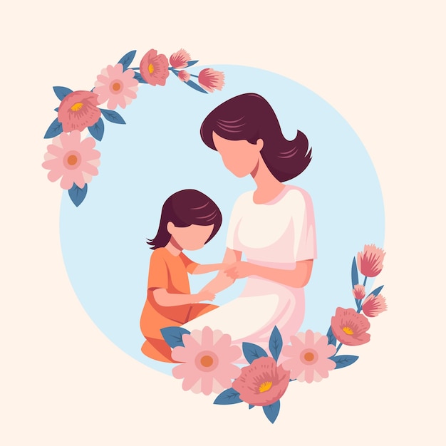 Vector madre y hija con marco de flores ilustración plana