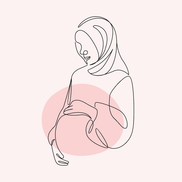 Madre hijab islámica embarazada en estilo de arte de línea continua