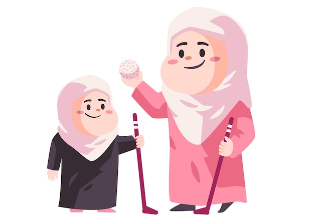 Madre con hijab rosa sosteniendo bola y palo de golf dando curso corto a su hija diviértase dibujos animados de color plano ilustración vectorial aislada