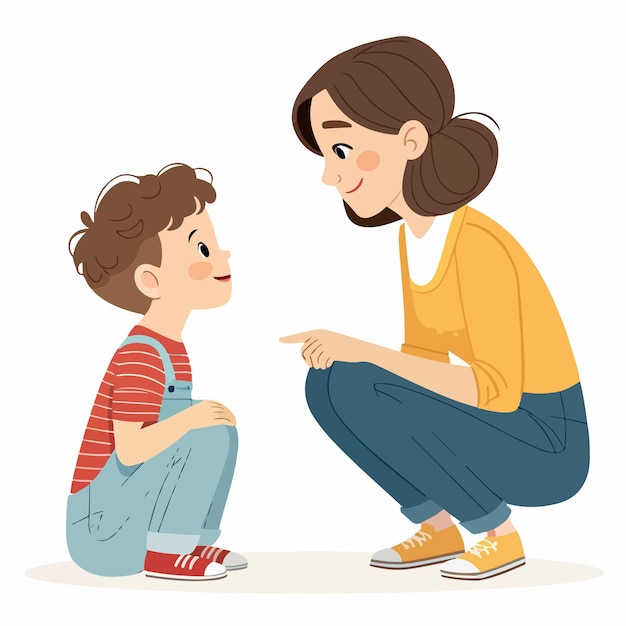 Madre y hijo de dibujos animados hablando Ilustración