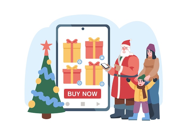 Madre con hijo parado cerca de Santa Claus y pidiendo regalos en línea Proceso de compra de regalos de Navidad a través de Internet Ofertas especiales y descuentos Vector ilustración plana