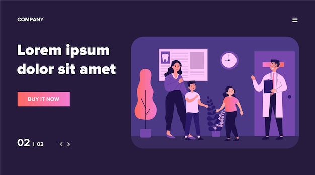 Madre con hijo visita al dentista. Médico, diente, ilustración de tratamiento. Concepto de salud y estomatología para banner, sitio web o página web de destino