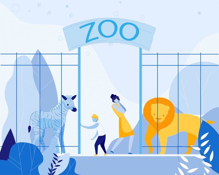 Vector madre con hijo visitando zoológico con animales salvajes