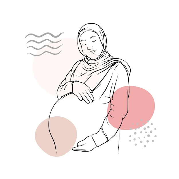 Madre islámica hijab embarazada dibujada a mano en estilo de arte lineal