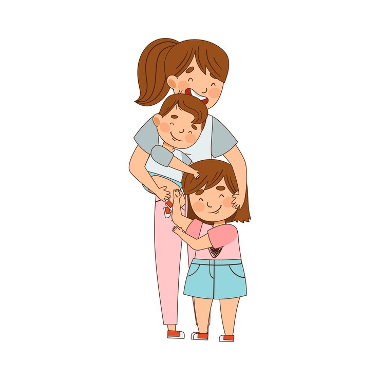 Vector madre joven abrazando a sus hijos como ilustración vectorial de relaciones familiares