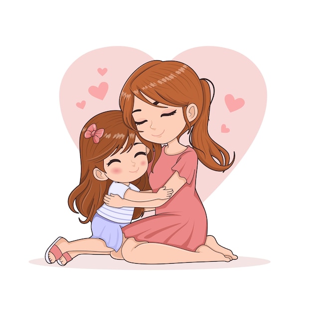 Madre joven feliz abraza a una niña linda