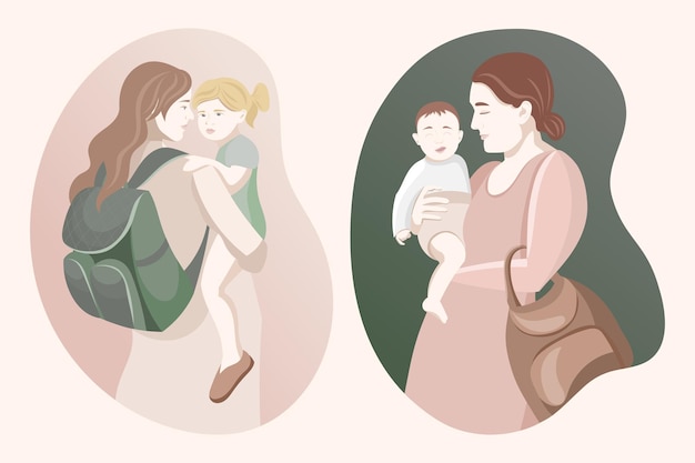 Madre joven con un niño en brazos, bolsa de pañales, mochila de mujer diaria, mochila de pañales de mamá.Vector