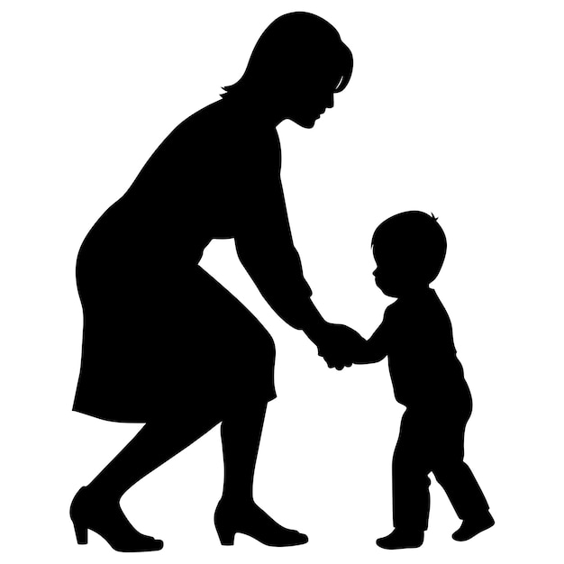 madre joven que quiere enseñar a su hijo cómo caminar primer paso silueta vectorial 1