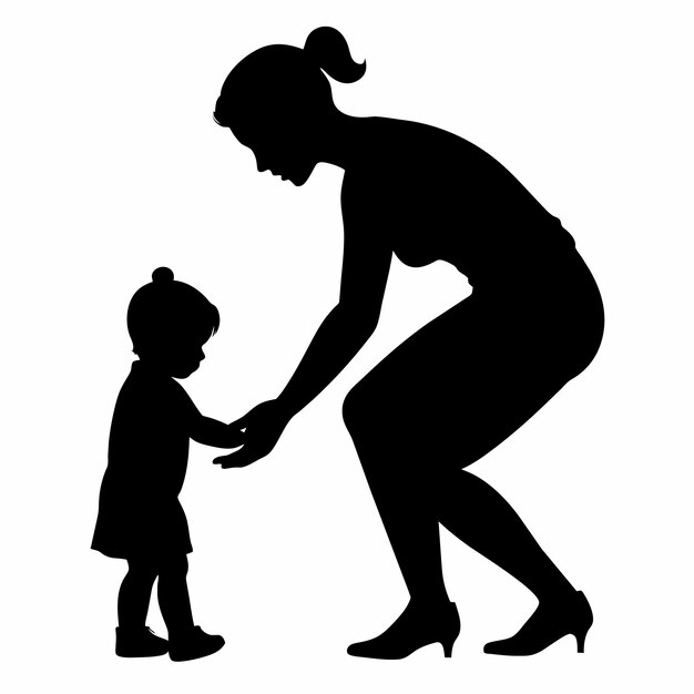 madre joven que quiere enseñar a su hijo cómo caminar primer paso silueta vectorial 32