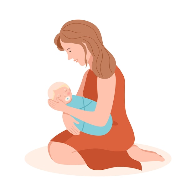 Madre joven sentada de rodillas con su recién nacido envuelto en una ilustración vectorial de lino para bebés