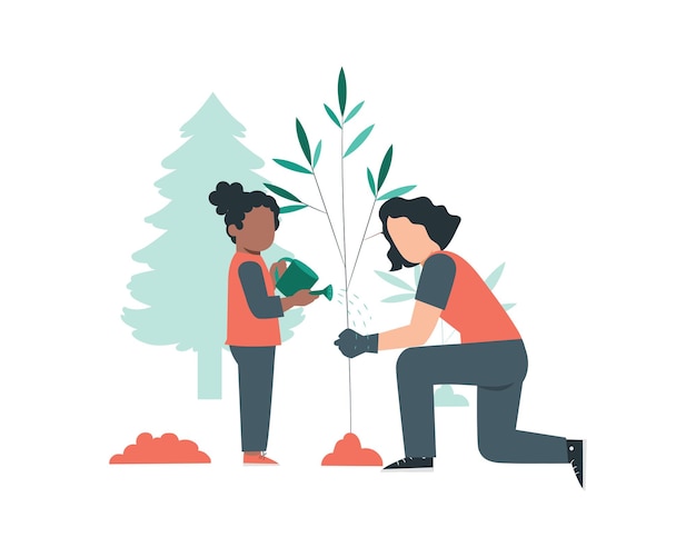 Vector madre joven y su hija plantando árboles en el jardín diseño plano para el concepto de sostenibilidad