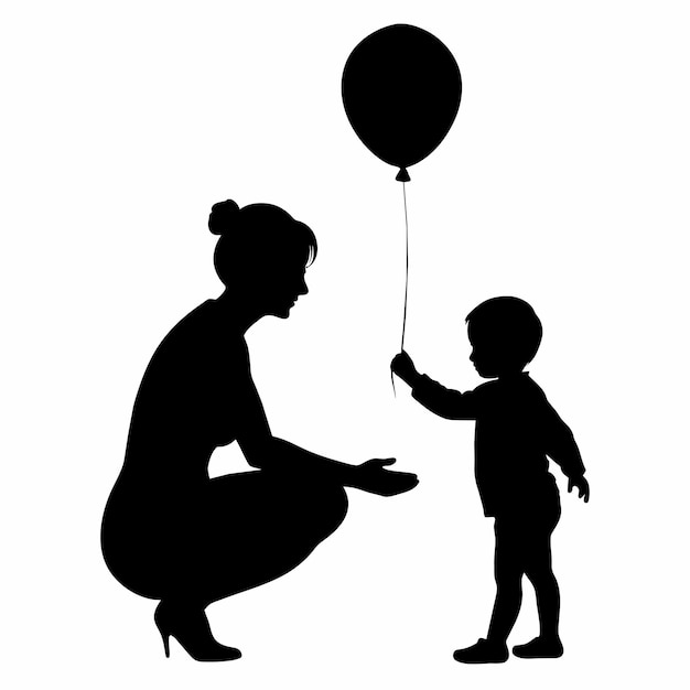 Una madre juega con sus hijos silueta vectorial fondo blanco 26