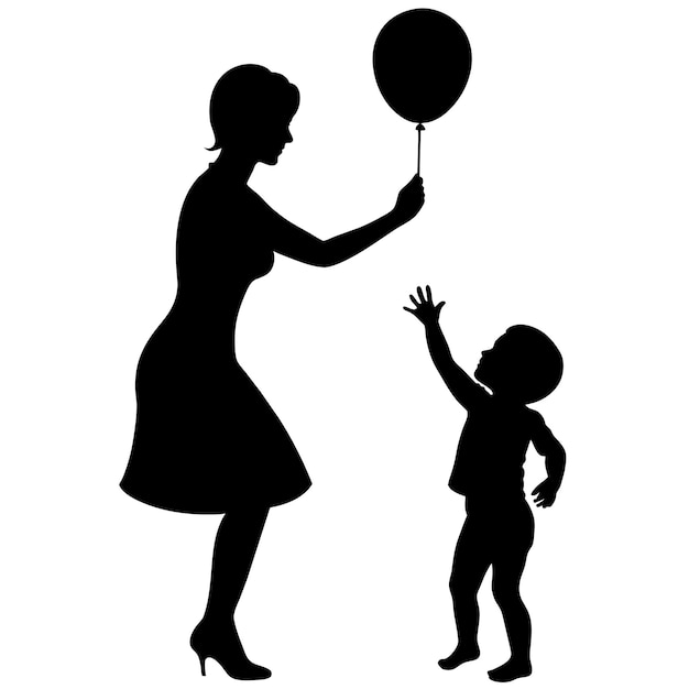 Una madre juega con sus hijos silueta vectorial fondo blanco 32