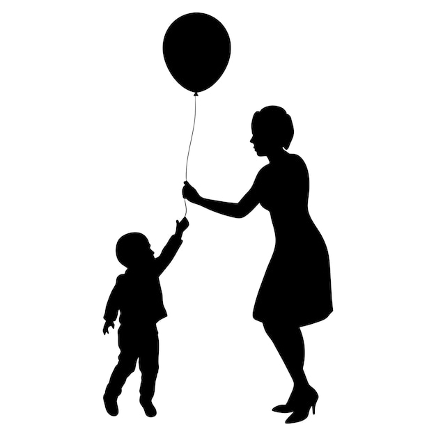 Una madre juega con sus hijos silueta vectorial fondo blanco 34