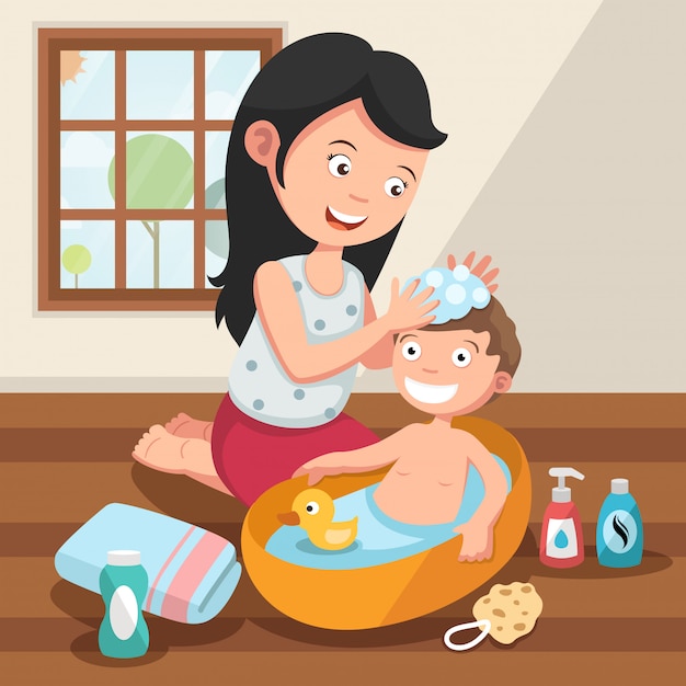 Madre lavando el cabello de su hijo con amor ilustración