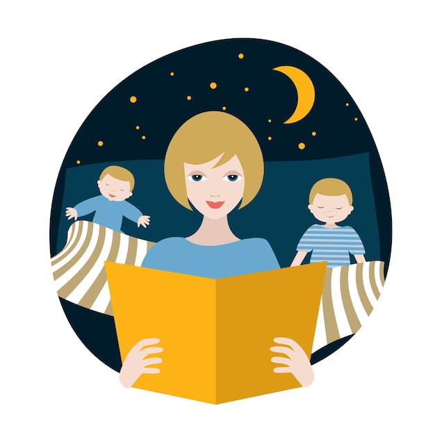 Vector madre leyendo un libro de cuentos de hadas a sus hijos en la noche hora de acostarse vector ilustración