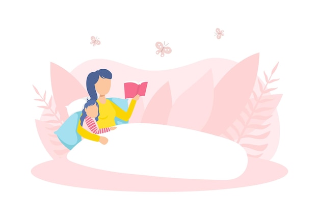 Vector madre leyendo un libro a su hija en la cama mamá amorosa y su hijo en la vida cotidiana en el hogar ilustración vectorial