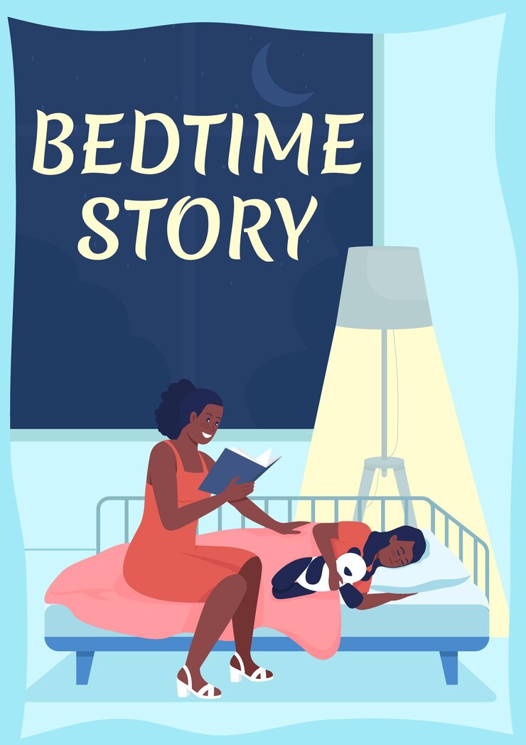 Vector madre leyendo a la plantilla de vector plano de cartel infantil. mamá poniendo al niño a la cama. folleto, folleto de diseño de concepto de una página con personajes de dibujos animados. folleto de cuentos para dormir, folleto con espacio de copia