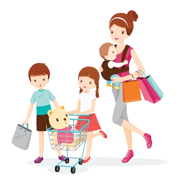 Madre lleva a bebé, hija empujando carrito de compras, hijo con bolsa de compras, familia comprando juntos