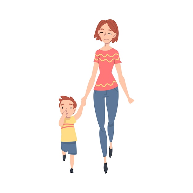 Madre llevando a su hijo pequeño a la escuela o al jardín de infantes por la mañana Padres y niño caminando juntos tomados de la mano Ilustración vectorial de estilo dibujos animados